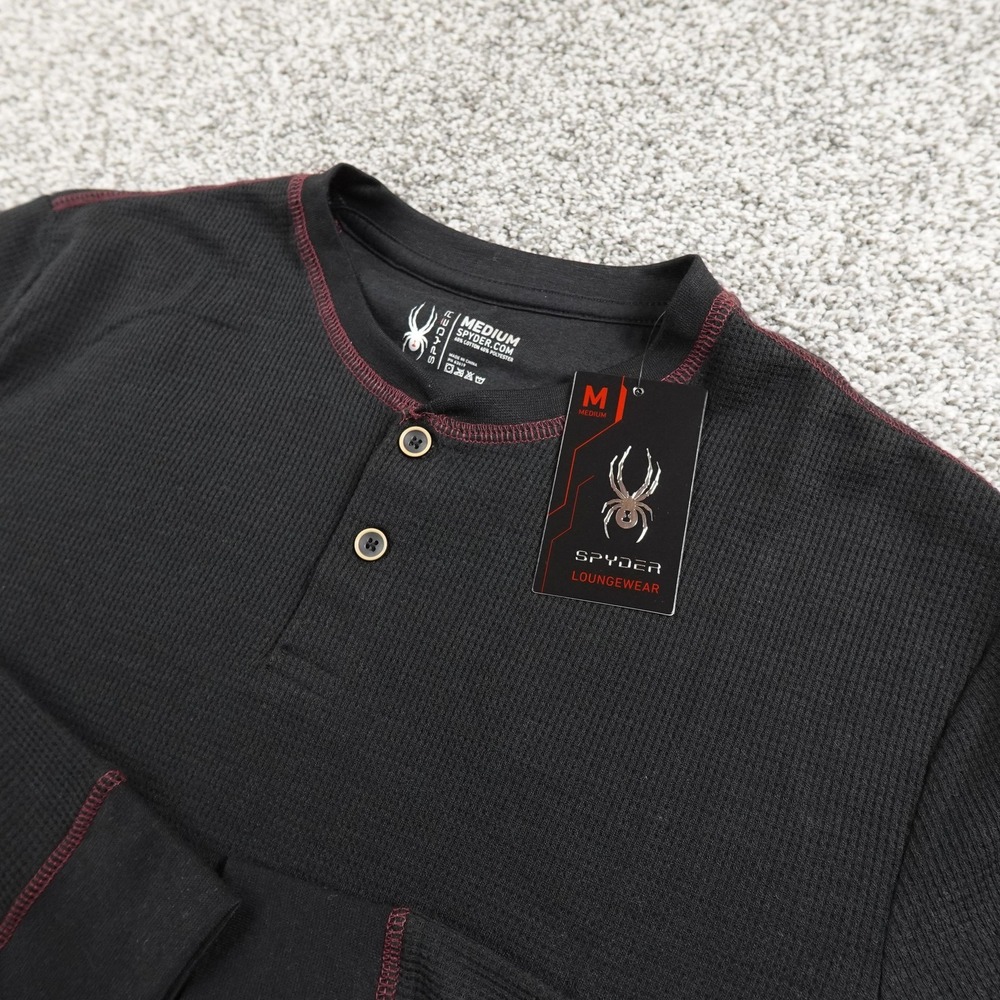 NEW Spyder Shirt Mens M Black Waffle Knit Thermal Henley Long Sleeve Outdoor Top